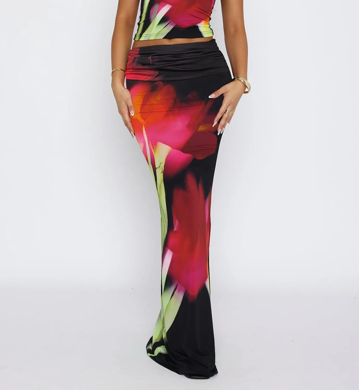 Bodycon Maxi Skirts for Women, Foldover High Waist Floral Leopard Cheetah Print Sexy Club Long Y2k Skirt