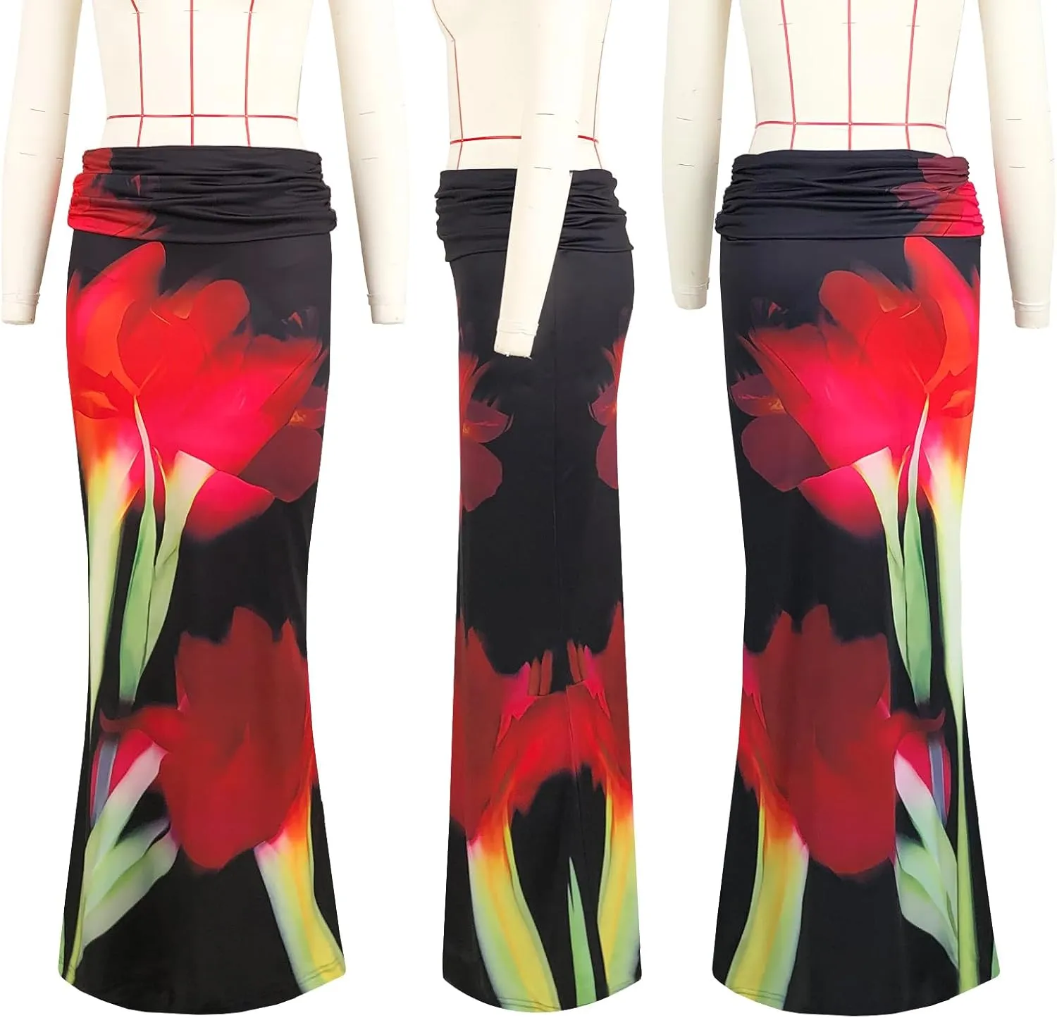 Bodycon Maxi Skirts for Women, Foldover High Waist Floral Leopard Cheetah Print Sexy Club Long Y2k Skirt
