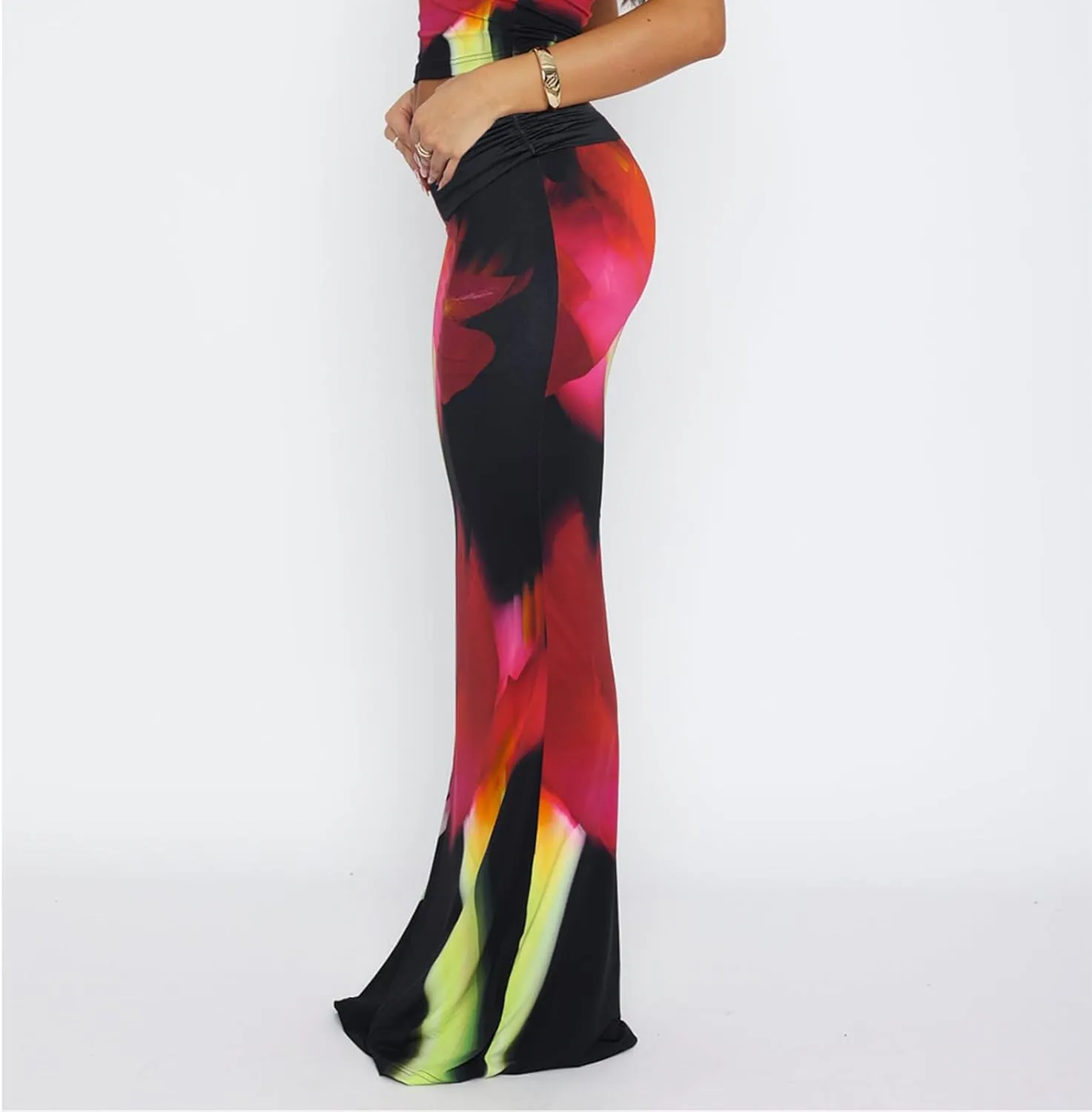 Bodycon Maxi Skirts for Women, Foldover High Waist Floral Leopard Cheetah Print Sexy Club Long Y2k Skirt