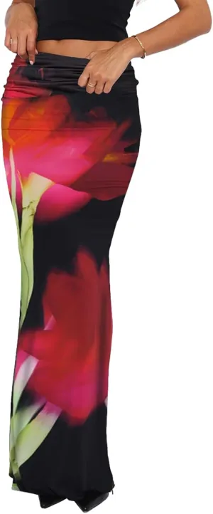 Bodycon Maxi Skirts for Women, Foldover High Waist Floral Leopard Cheetah Print Sexy Club Long Y2k Skirt