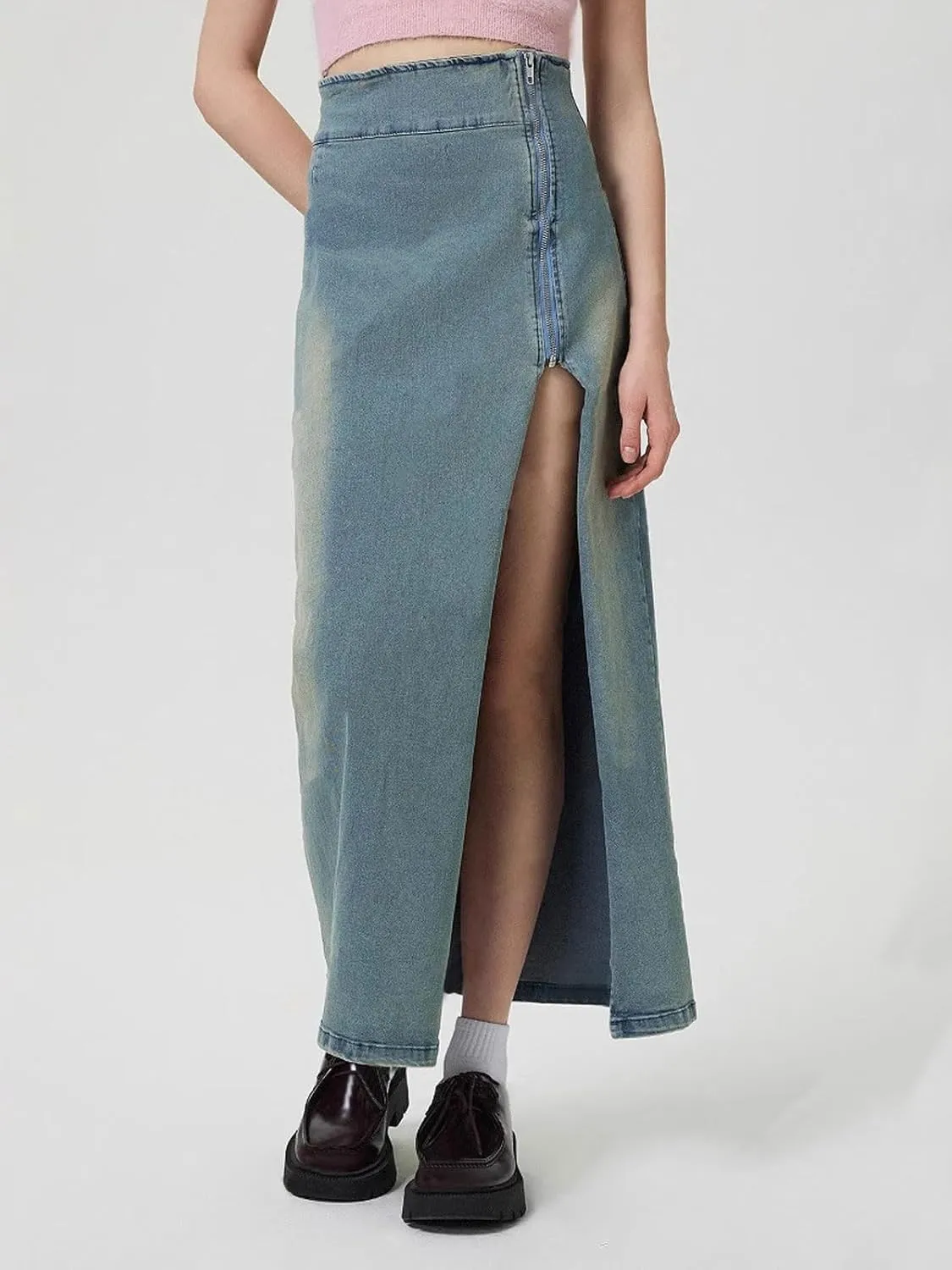 CHARTOU Women's Long Side Slit Zipper High Waisted Soft Slim Fitted A Line Jean Denim Skirt