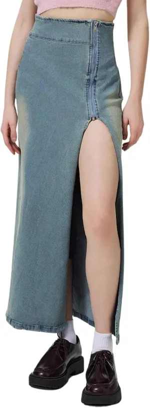 CHARTOU Women's Long Side Slit Zipper High Waisted Soft Slim Fitted A Line Jean Denim Skirt