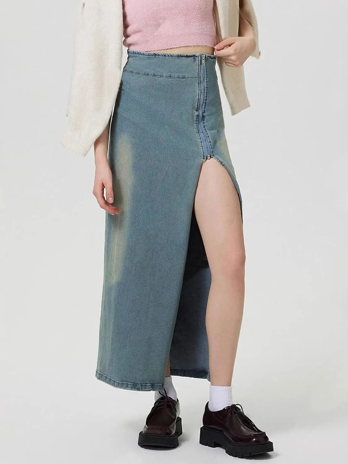 CHARTOU Women's Long Side Slit Zipper High Waisted Soft Slim Fitted A Line Jean Denim Skirt