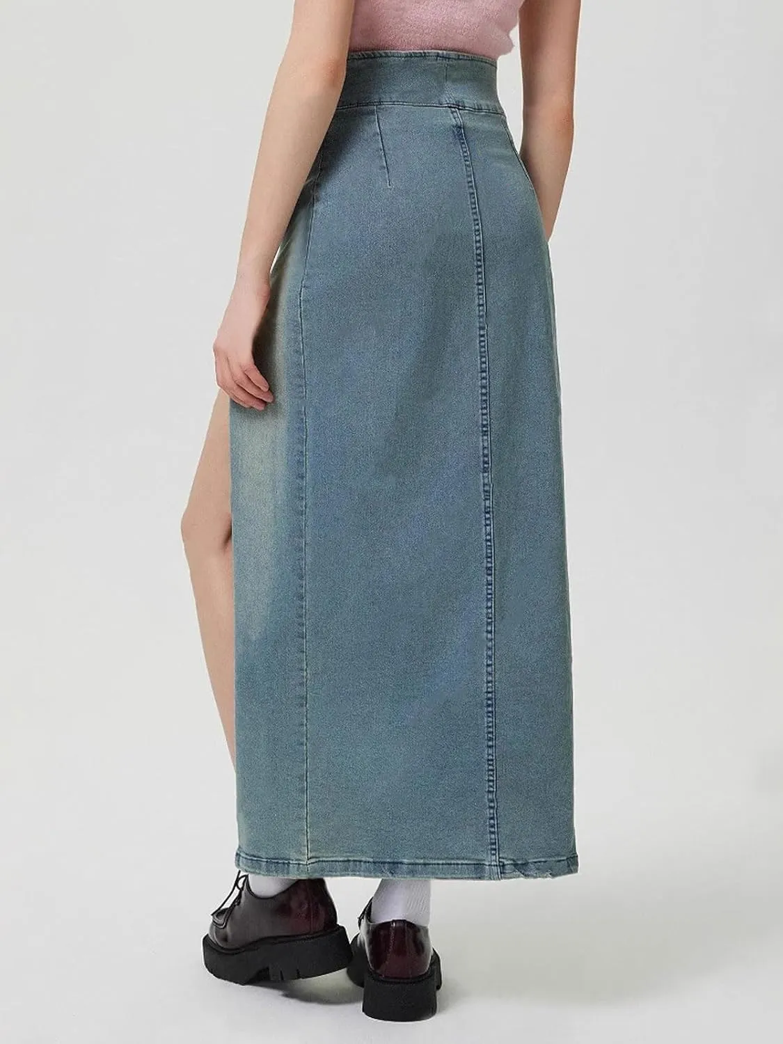 CHARTOU Women's Long Side Slit Zipper High Waisted Soft Slim Fitted A Line Jean Denim Skirt
