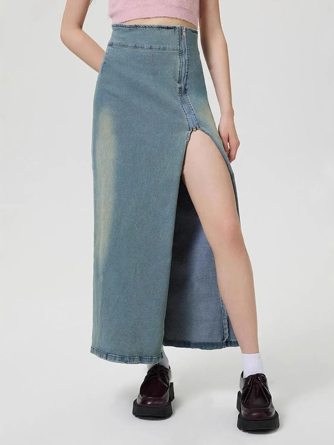 CHARTOU Women's Long Side Slit Zipper High Waisted Soft Slim Fitted A Line Jean Denim Skirt