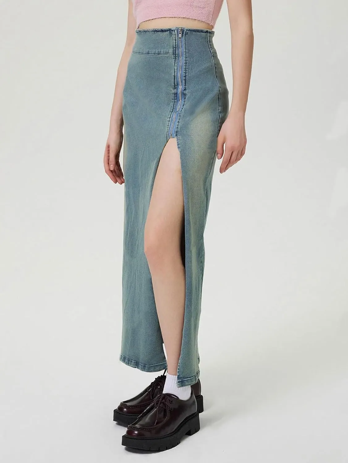 CHARTOU Women's Long Side Slit Zipper High Waisted Soft Slim Fitted A Line Jean Denim Skirt