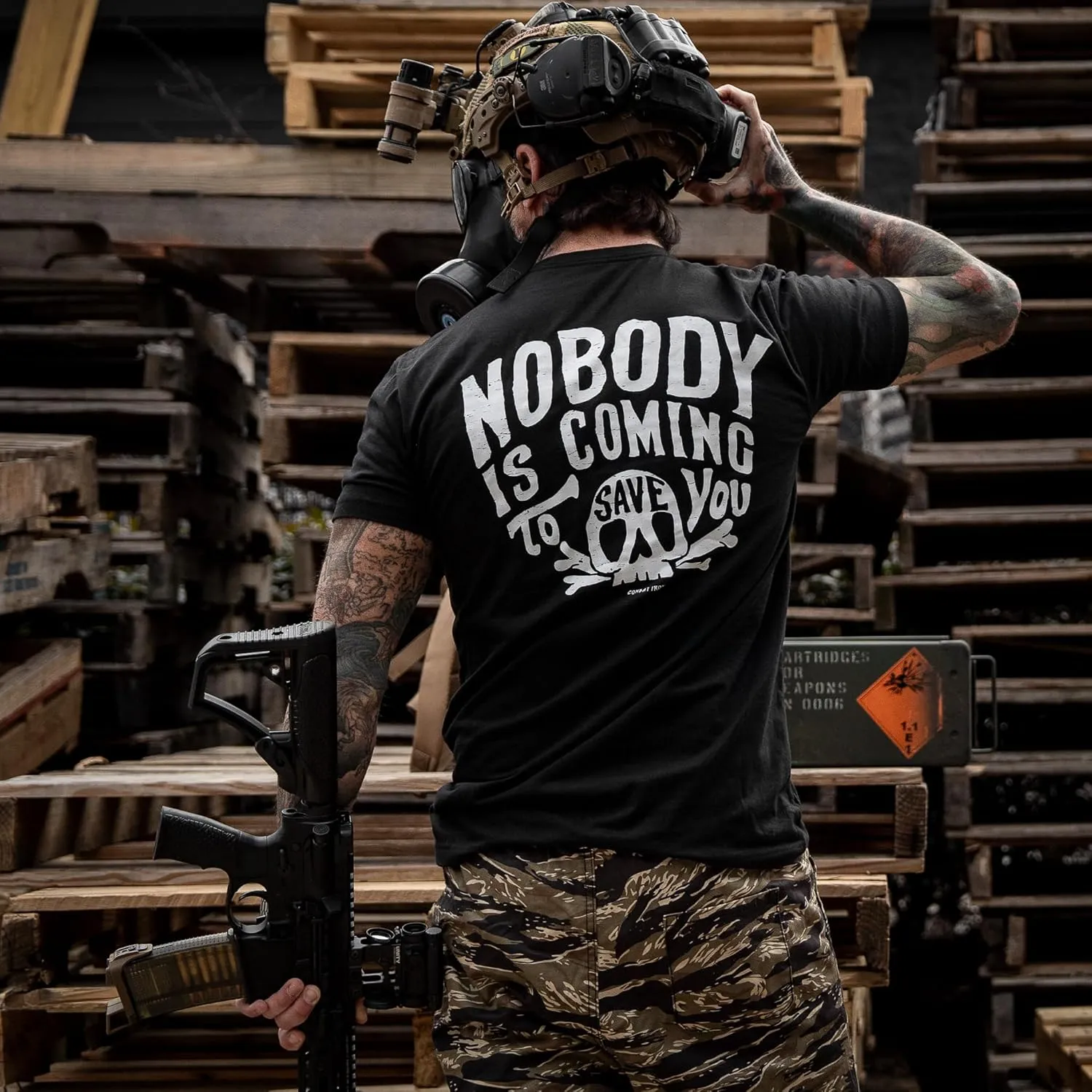 Combat Iron Men's Graphic T-Shirt | Nobody is Coming to Save You Skull | Cotton-Poly Blend | Athletic Fit, Tagless Comfort