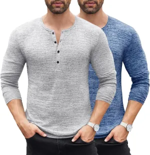 COOFANDY Men's 2Pack Slim Fit Henley Shirts Long Sleeve Lightweight Fashion Casual Cotton Basic T Shirts