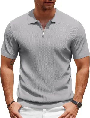 COOFANDY Mens Textured Knit Polo Shirts Zipper Polo Shirts Short Sleeve Casual Lightweight Golf Shirt