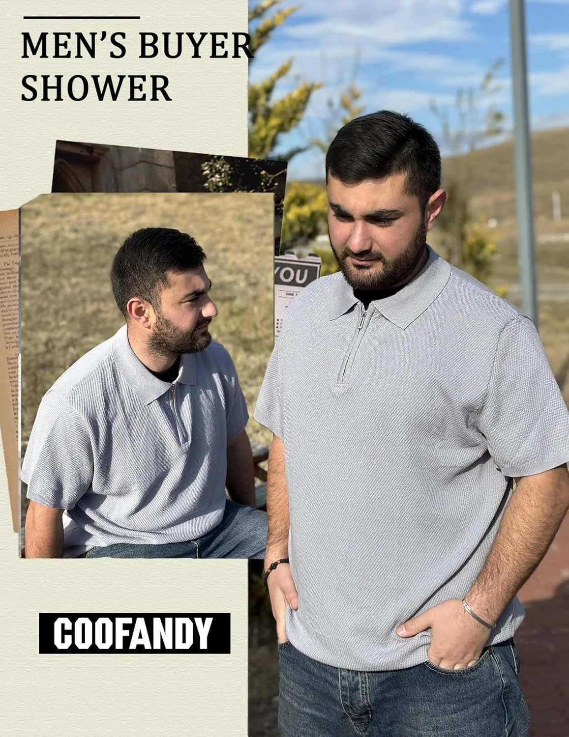 COOFANDY Mens Textured Knit Polo Shirts Zipper Polo Shirts Short Sleeve Casual Lightweight Golf Shirt