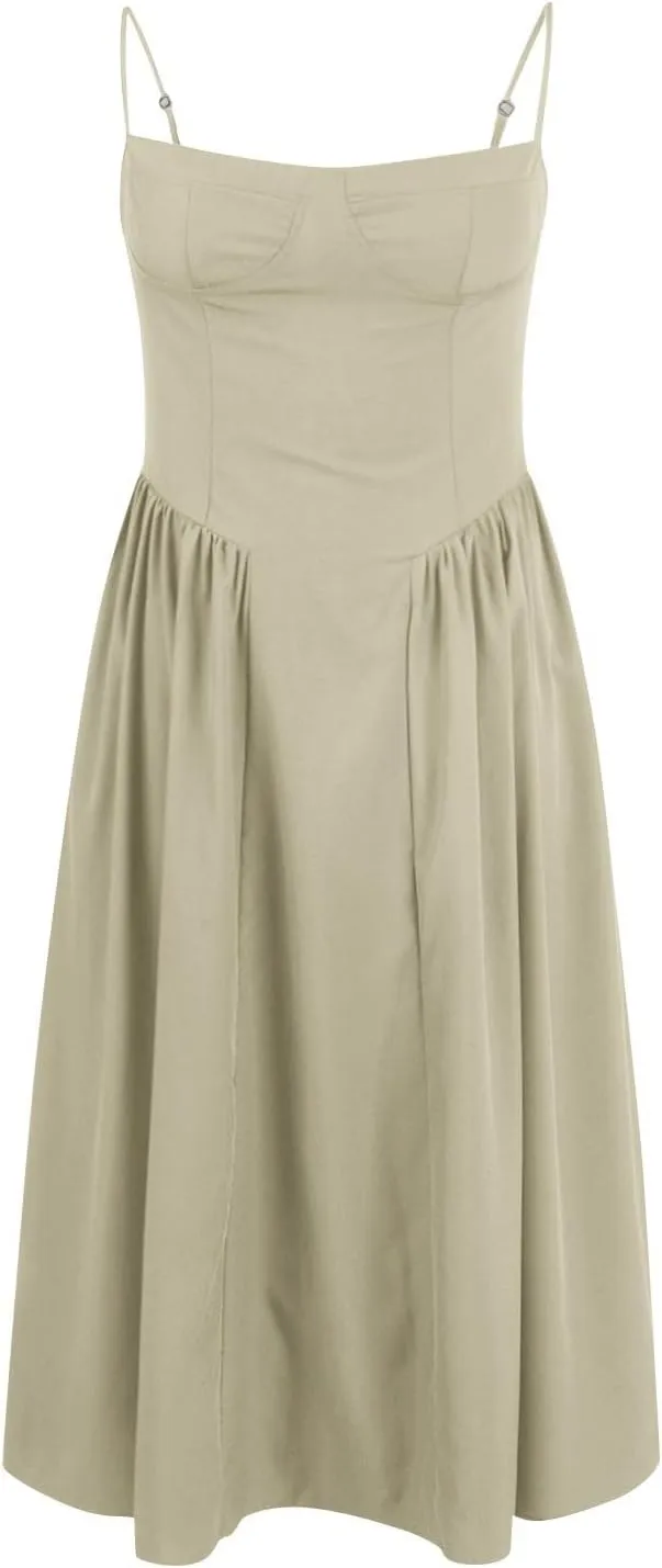 Corset Dress for Women Spaghetti Strap Bustier Pleated Hem Low Cut Midi Party Dresses 2025 Prom Dress with Pockets