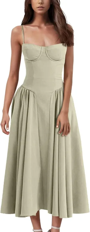 Corset Dress for Women Spaghetti Strap Bustier Pleated Hem Low Cut Midi Party Dresses 2025 Prom Dress with Pockets