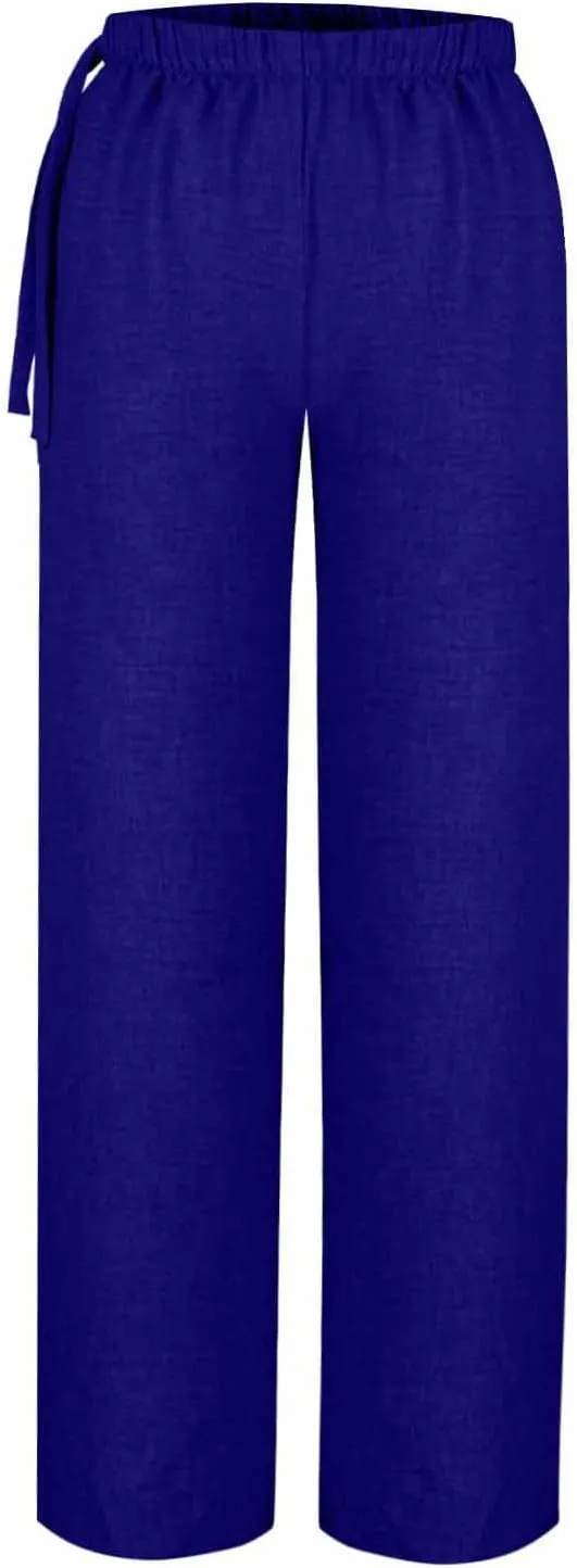 Cotton Linen Pants for Women Summer High Elastic Waist Drawstring Wide Leg Trousers Casual Comfy Pants with Pockets