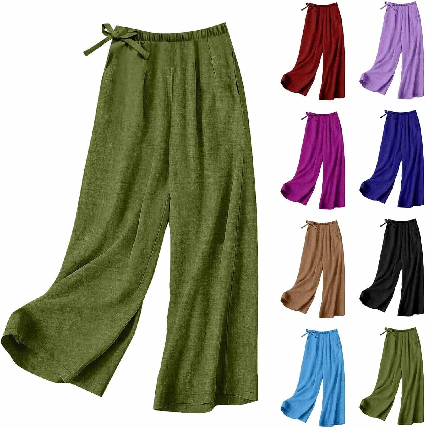 Cotton Linen Pants for Women Summer High Elastic Waist Drawstring Wide Leg Trousers Casual Comfy Pants with Pockets