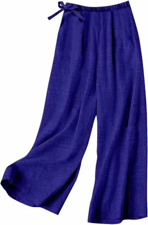 Cotton Linen Pants for Women Summer High Elastic Waist Drawstring Wide Leg Trousers Casual Comfy Pants with Pockets