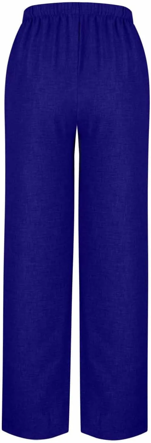 Cotton Linen Pants for Women Summer High Elastic Waist Drawstring Wide Leg Trousers Casual Comfy Pants with Pockets