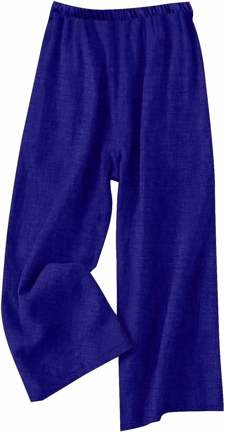 Cotton Linen Pants for Women Summer High Elastic Waist Drawstring Wide Leg Trousers Casual Comfy Pants with Pockets
