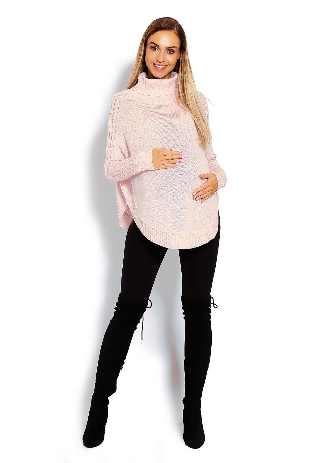 Cozy Chic Poncho with Turtleneck & Braided Sleeve Details – Unique Rounded Bottom Design