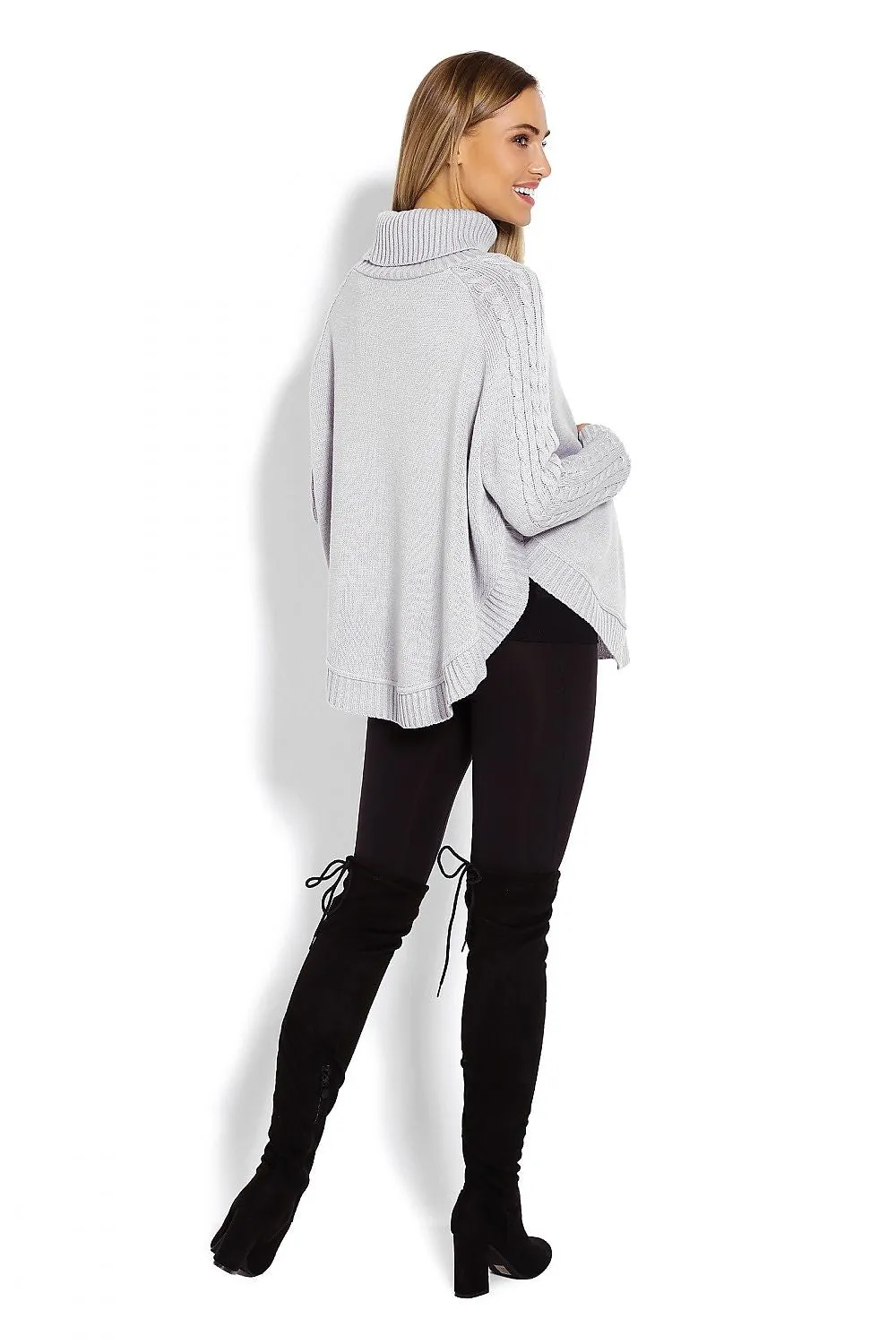 Cozy Chic Poncho with Turtleneck & Braided Sleeve Details – Unique Rounded Bottom Design