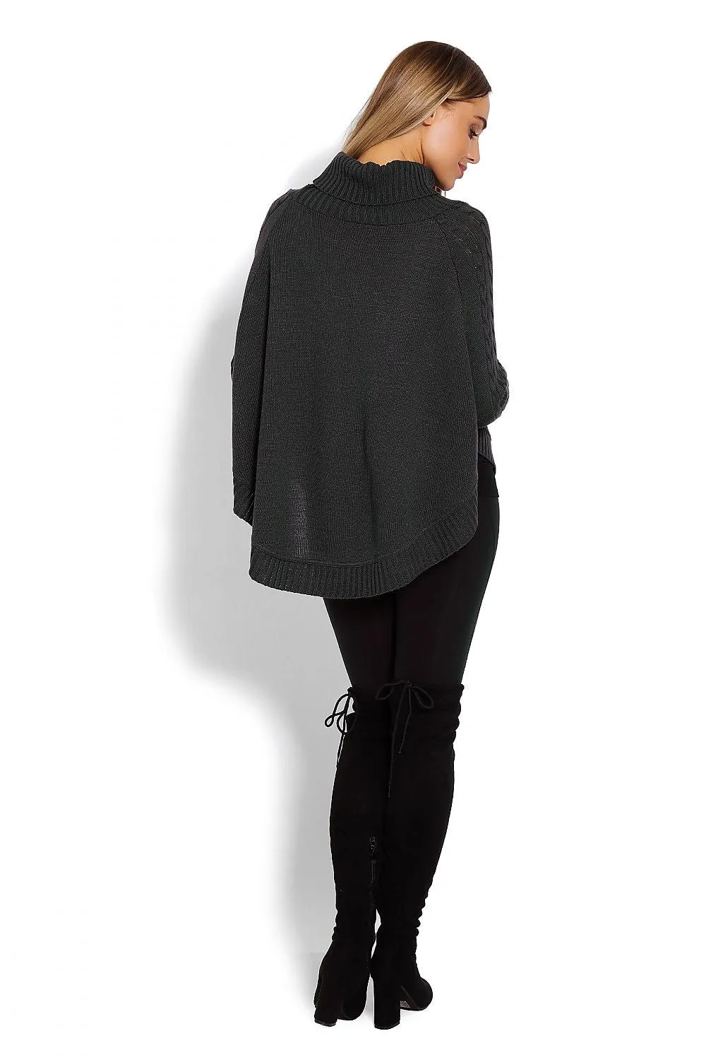 Cozy Chic Poncho with Turtleneck & Braided Sleeve Details – Unique Rounded Bottom Design