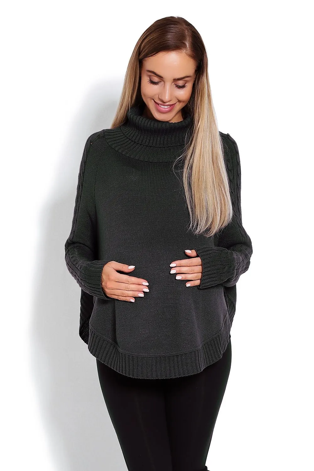 Cozy Chic Poncho with Turtleneck & Braided Sleeve Details – Unique Rounded Bottom Design