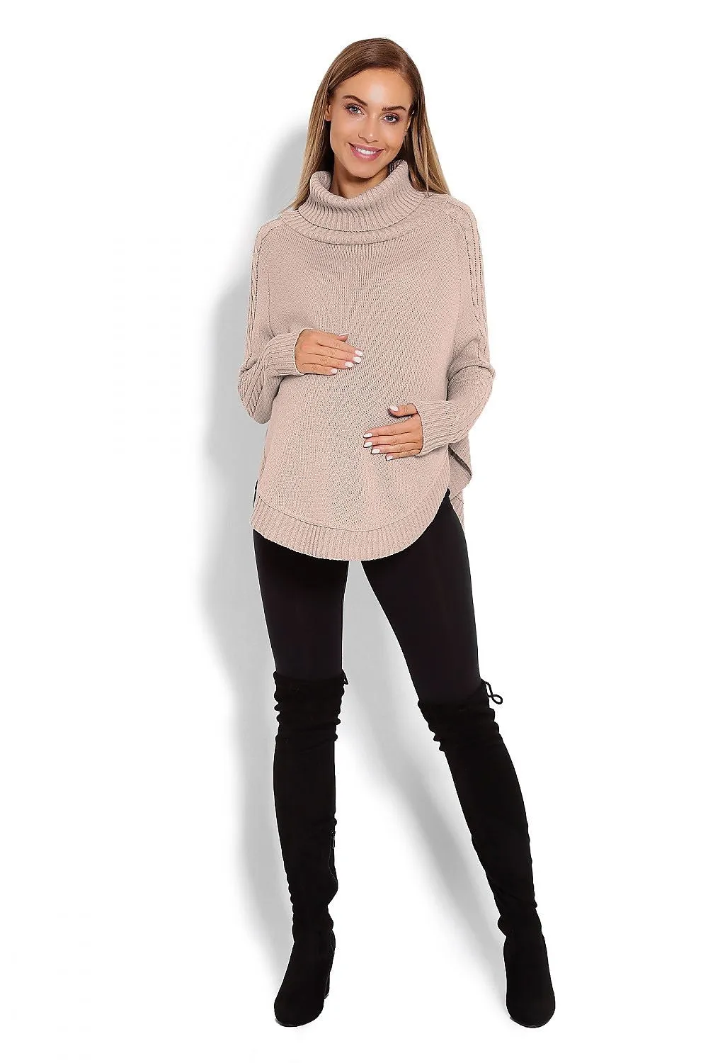 Cozy Chic Poncho with Turtleneck & Braided Sleeve Details – Unique Rounded Bottom Design