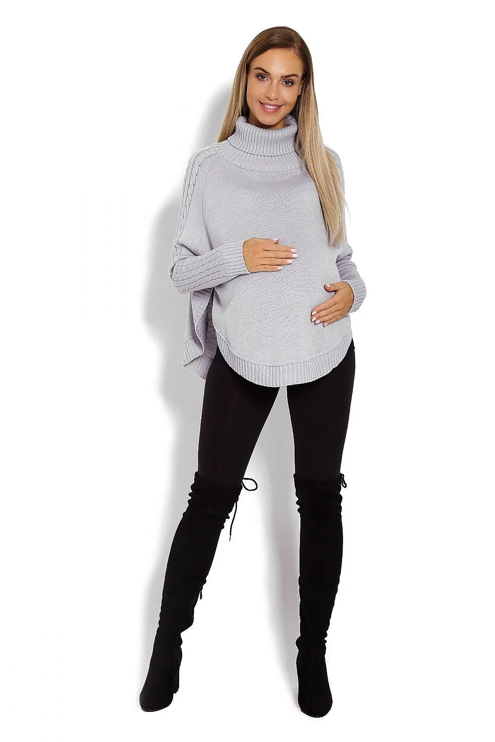 Cozy Chic Poncho with Turtleneck & Braided Sleeve Details – Unique Rounded Bottom Design