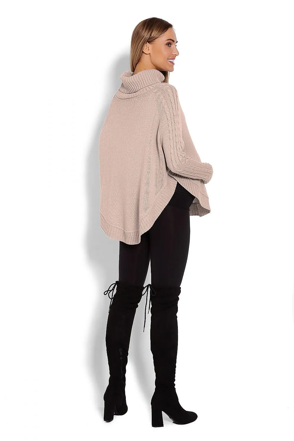 Cozy Chic Poncho with Turtleneck & Braided Sleeve Details – Unique Rounded Bottom Design