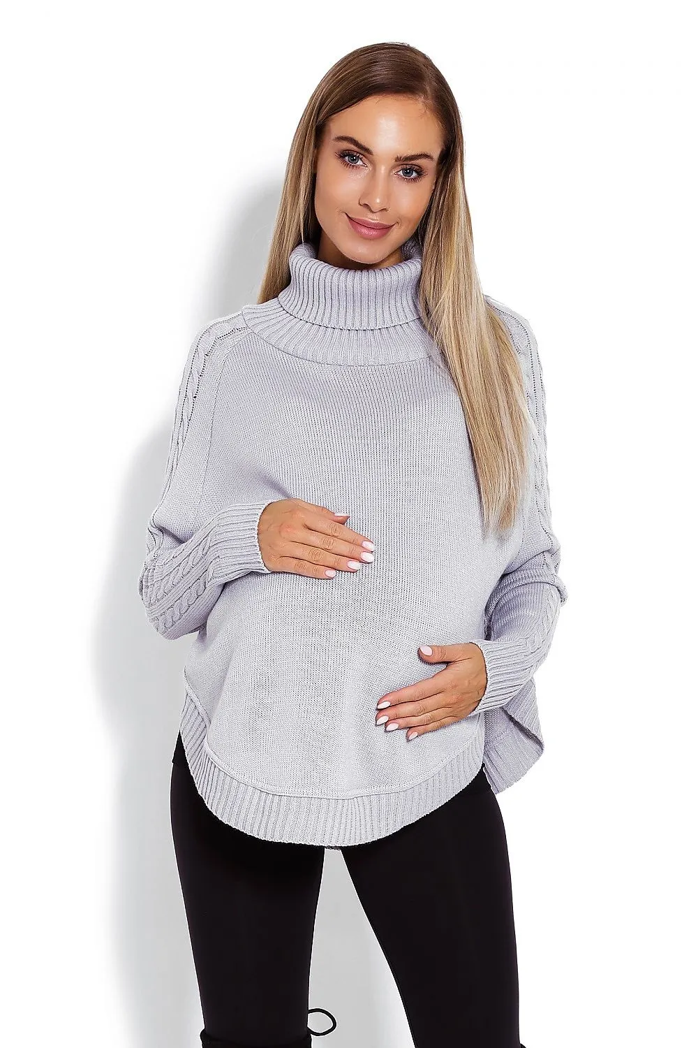 Cozy Chic Poncho with Turtleneck & Braided Sleeve Details – Unique Rounded Bottom Design