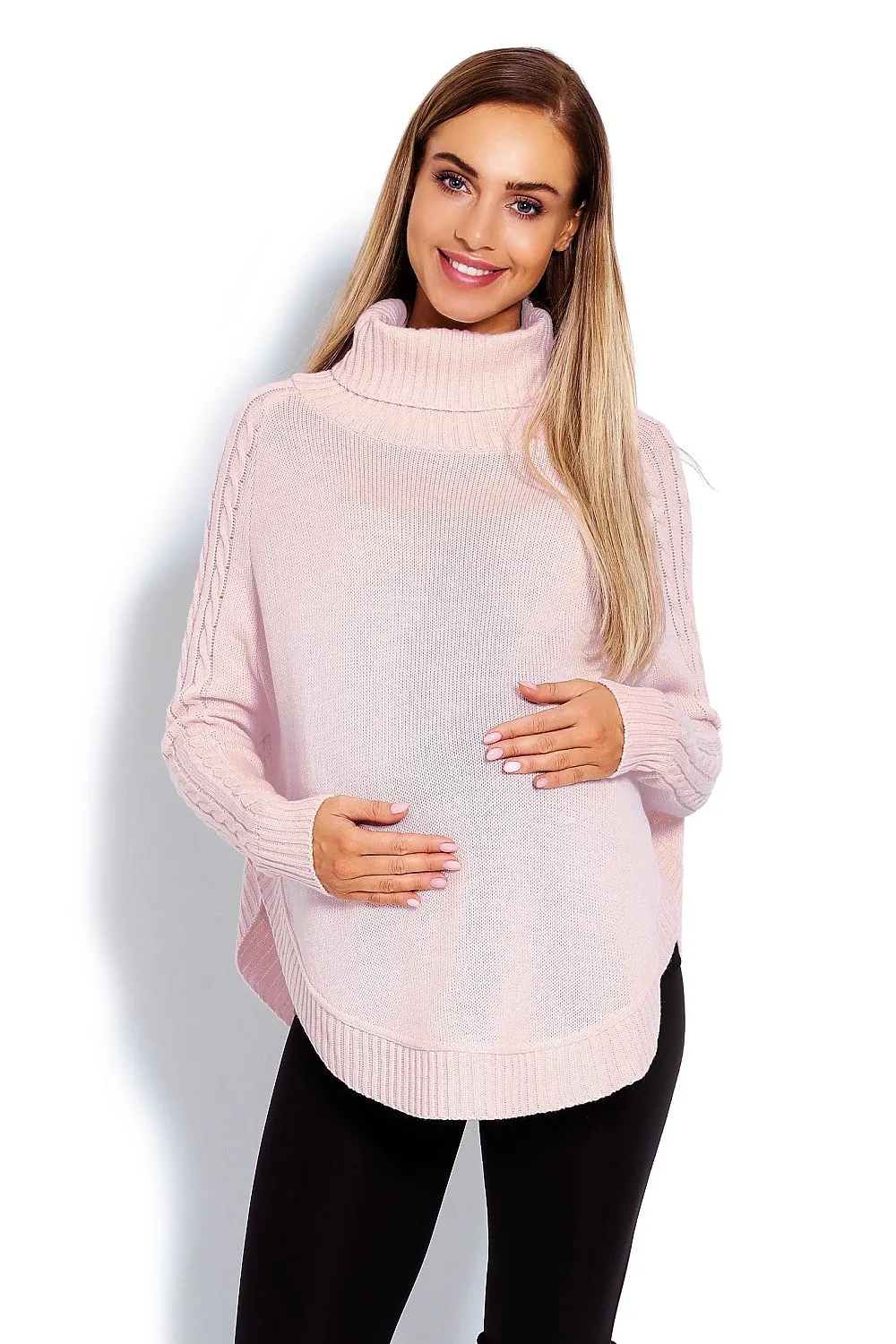 Cozy Chic Poncho with Turtleneck & Braided Sleeve Details – Unique Rounded Bottom Design