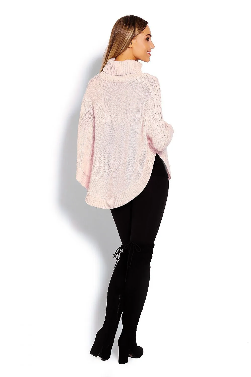Cozy Chic Poncho with Turtleneck & Braided Sleeve Details – Unique Rounded Bottom Design