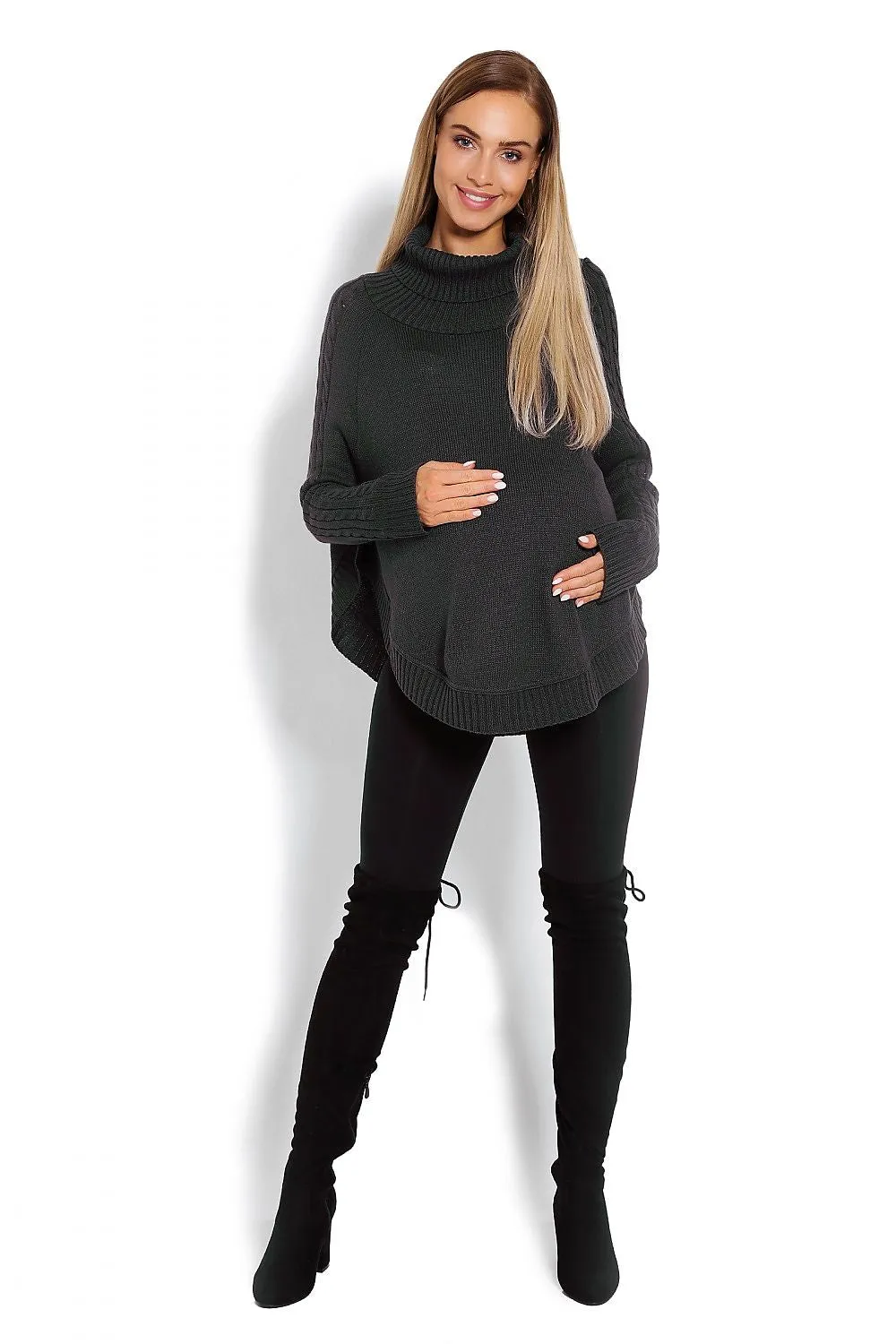 Cozy Chic Poncho with Turtleneck & Braided Sleeve Details – Unique Rounded Bottom Design