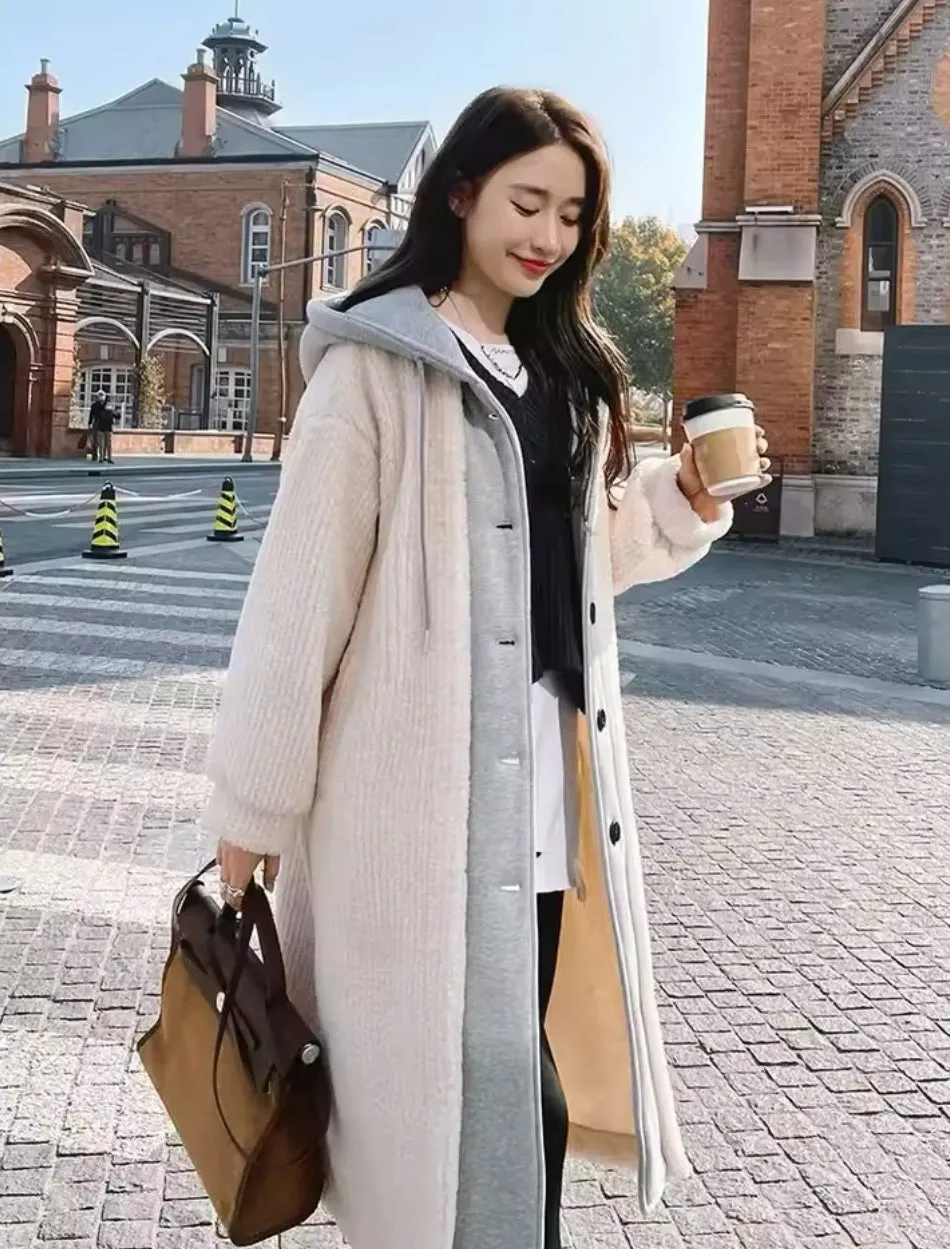 Cozy Oversized Faked Two Piece Hooded Coat with Fleece Lining