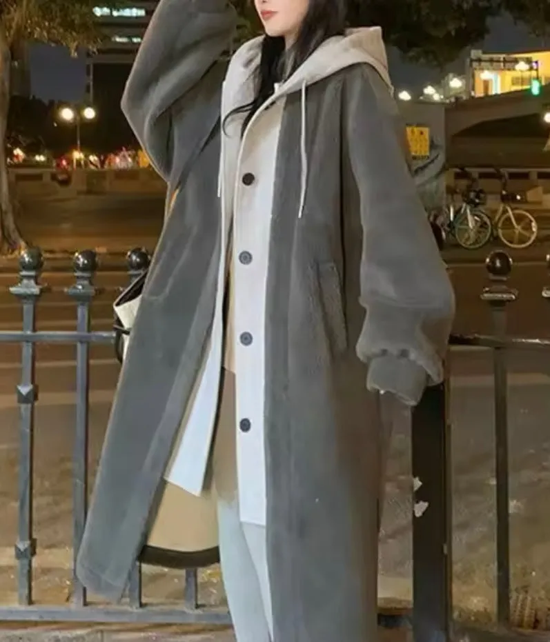 Cozy Oversized Faked Two Piece Hooded Coat with Fleece Lining