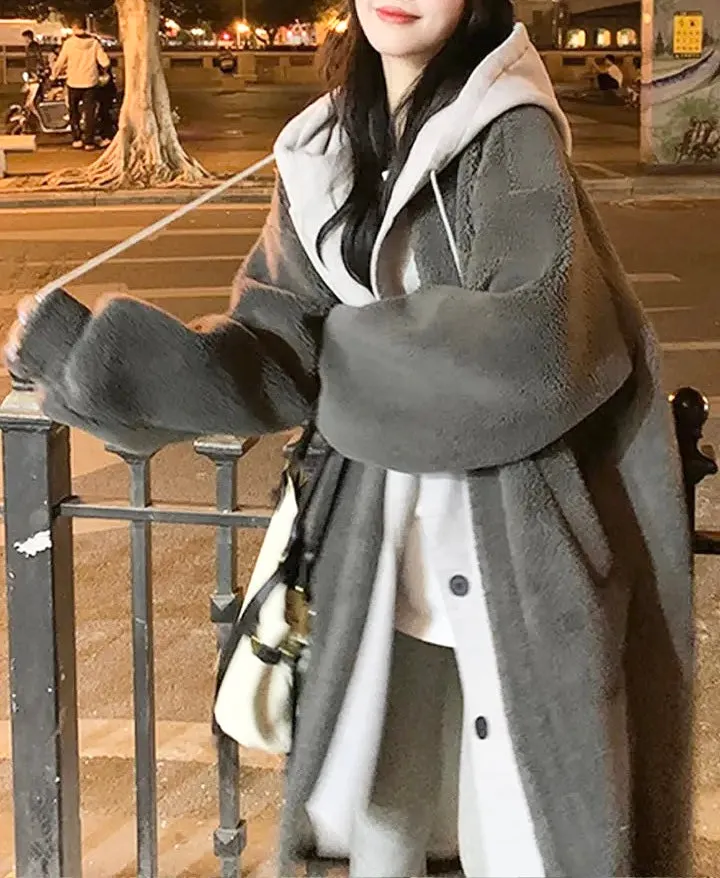 Cozy Oversized Faked Two Piece Hooded Coat with Fleece Lining