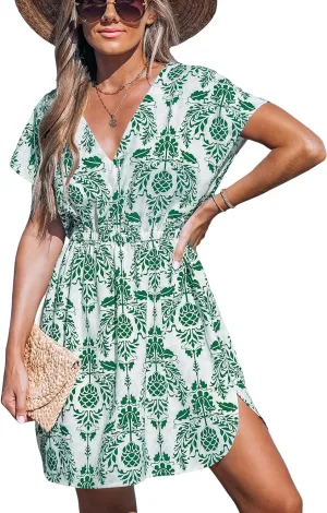 CUPSHE Women's Summer Dress Short Sleeve Elastic Waist Beach Swimwear Cover Ups Casual Mini Sundress