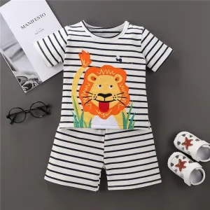 Cute Lion Printed Strip Tee and Shorts Set