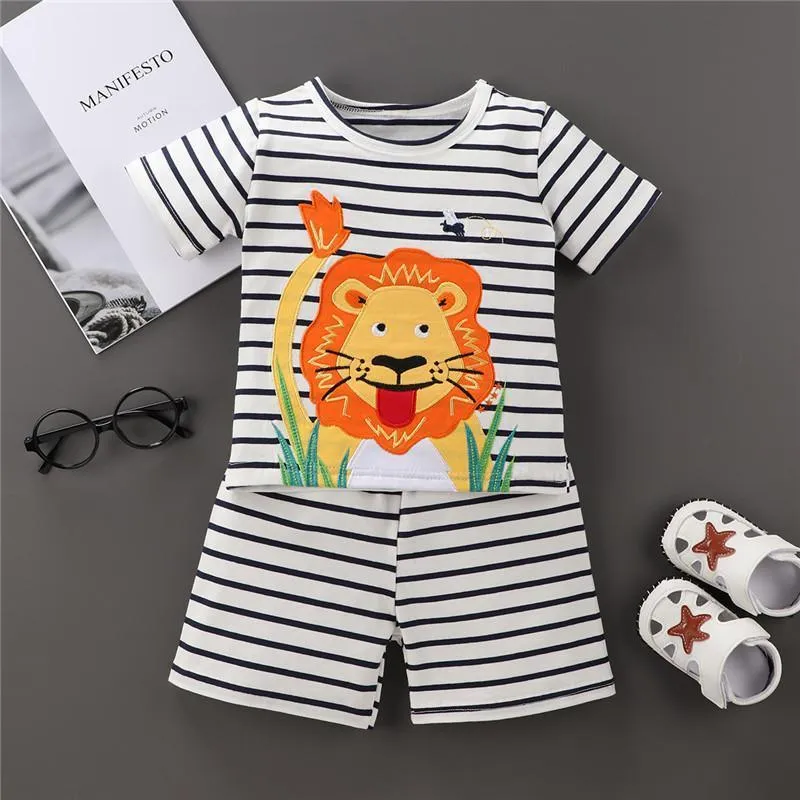 Cute Lion Printed Strip Tee and Shorts Set