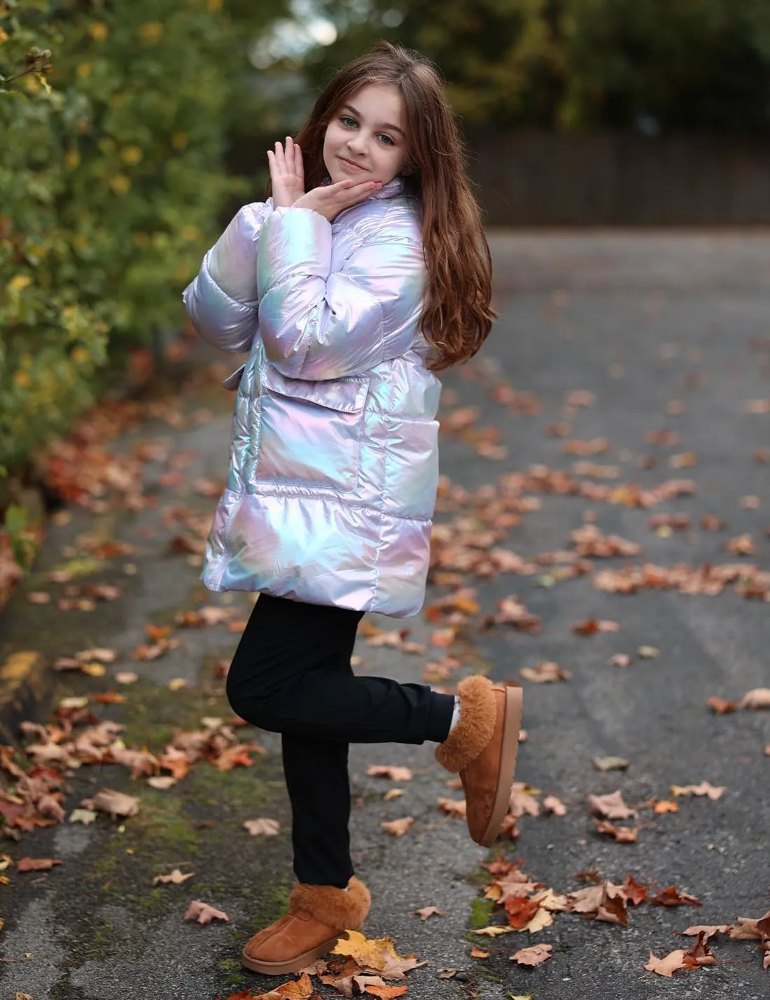 Cutemile 7-12 Years Girls Winter Long Fleece Coat Parka Metallic Puffer Jacket Outwear with Hooded