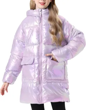Cutemile 7-12 Years Girls Winter Long Fleece Coat Parka Metallic Puffer Jacket Outwear with Hooded
