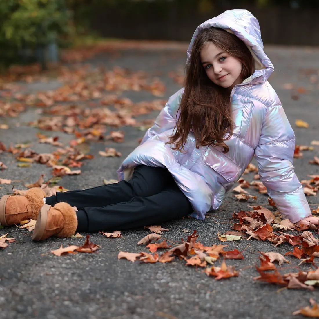 Cutemile 7-12 Years Girls Winter Long Fleece Coat Parka Metallic Puffer Jacket Outwear with Hooded