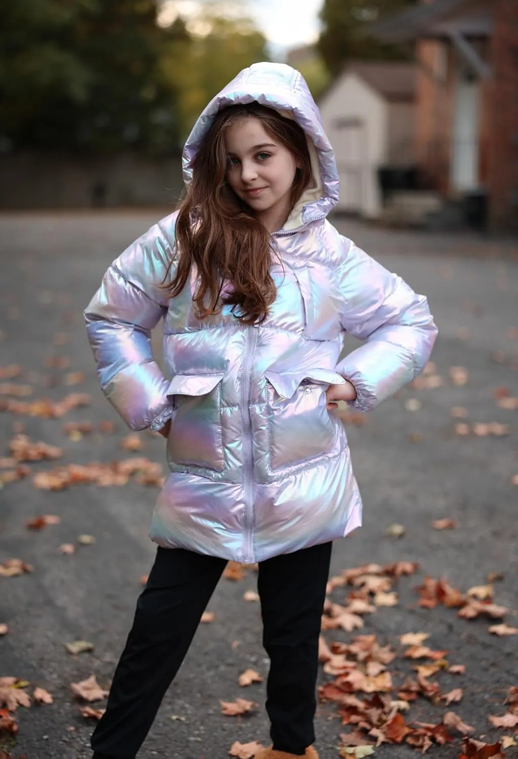 Cutemile 7-12 Years Girls Winter Long Fleece Coat Parka Metallic Puffer Jacket Outwear with Hooded