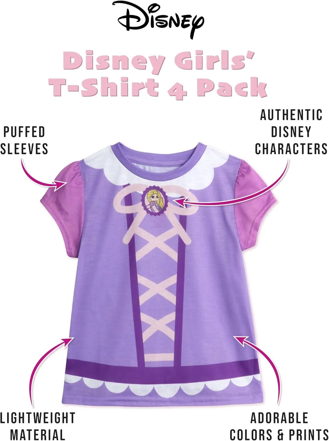 Disney Princess Ariel Rapunzel Belle Cinderella Minnie Mouse Girls Shirts - 4 Pack Girls T Shirts for Toddler & Little Girls