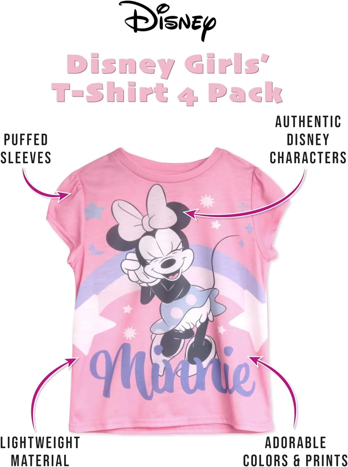 Disney Princess Ariel Rapunzel Belle Cinderella Minnie Mouse Girls Shirts - 4 Pack Girls T Shirts for Toddler & Little Girls