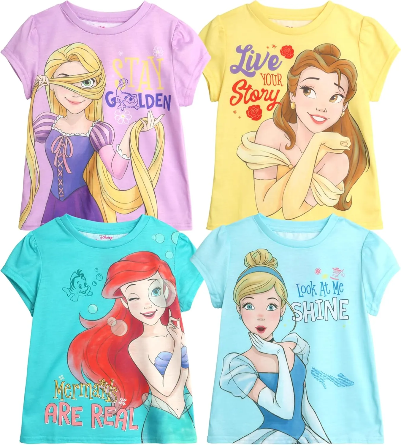 Disney Princess Ariel Rapunzel Belle Cinderella Minnie Mouse Girls Shirts - 4 Pack Girls T Shirts for Toddler & Little Girls