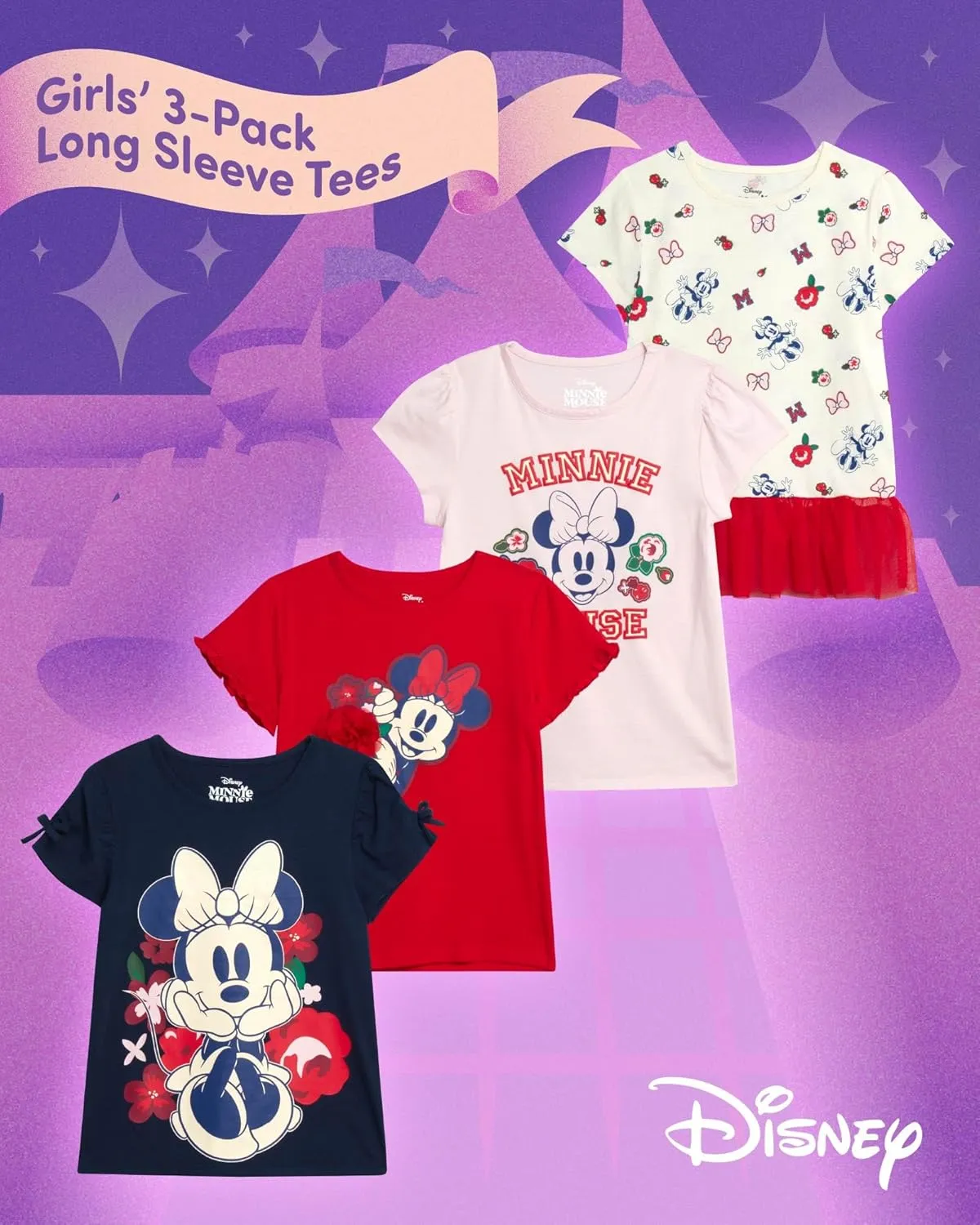 Disney Princess Ariel Rapunzel Belle Cinderella Minnie Mouse Girls Shirts - 4 Pack Girls T Shirts for Toddler & Little Girls