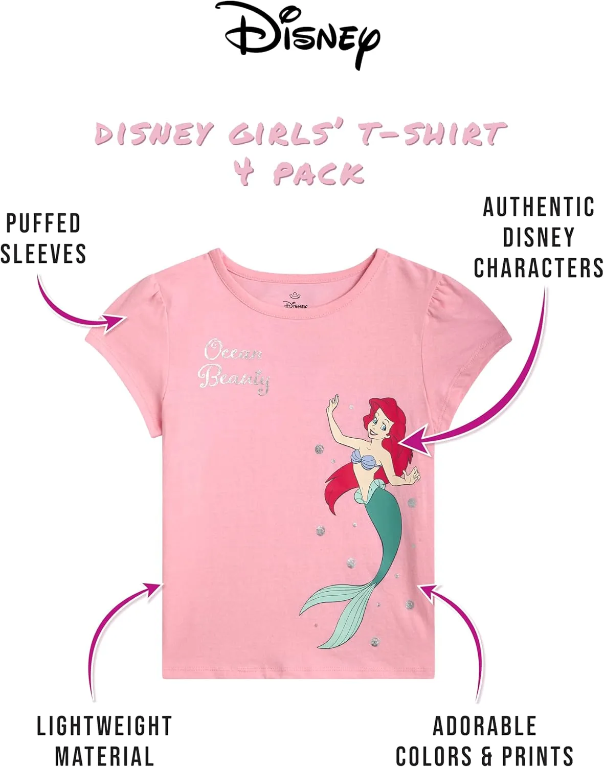 Disney Princess Ariel Rapunzel Belle Cinderella Minnie Mouse Girls Shirts - 4 Pack Girls T Shirts for Toddler & Little Girls
