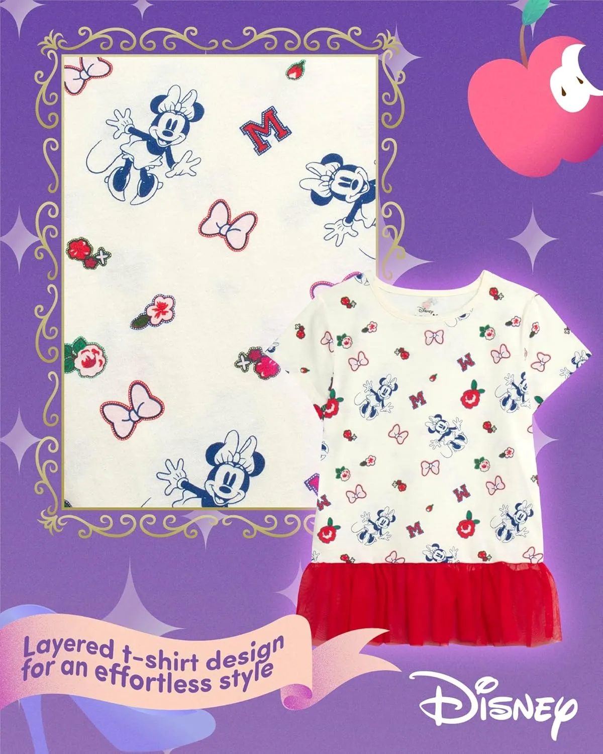 Disney Princess Ariel Rapunzel Belle Cinderella Minnie Mouse Girls Shirts - 4 Pack Girls T Shirts for Toddler & Little Girls