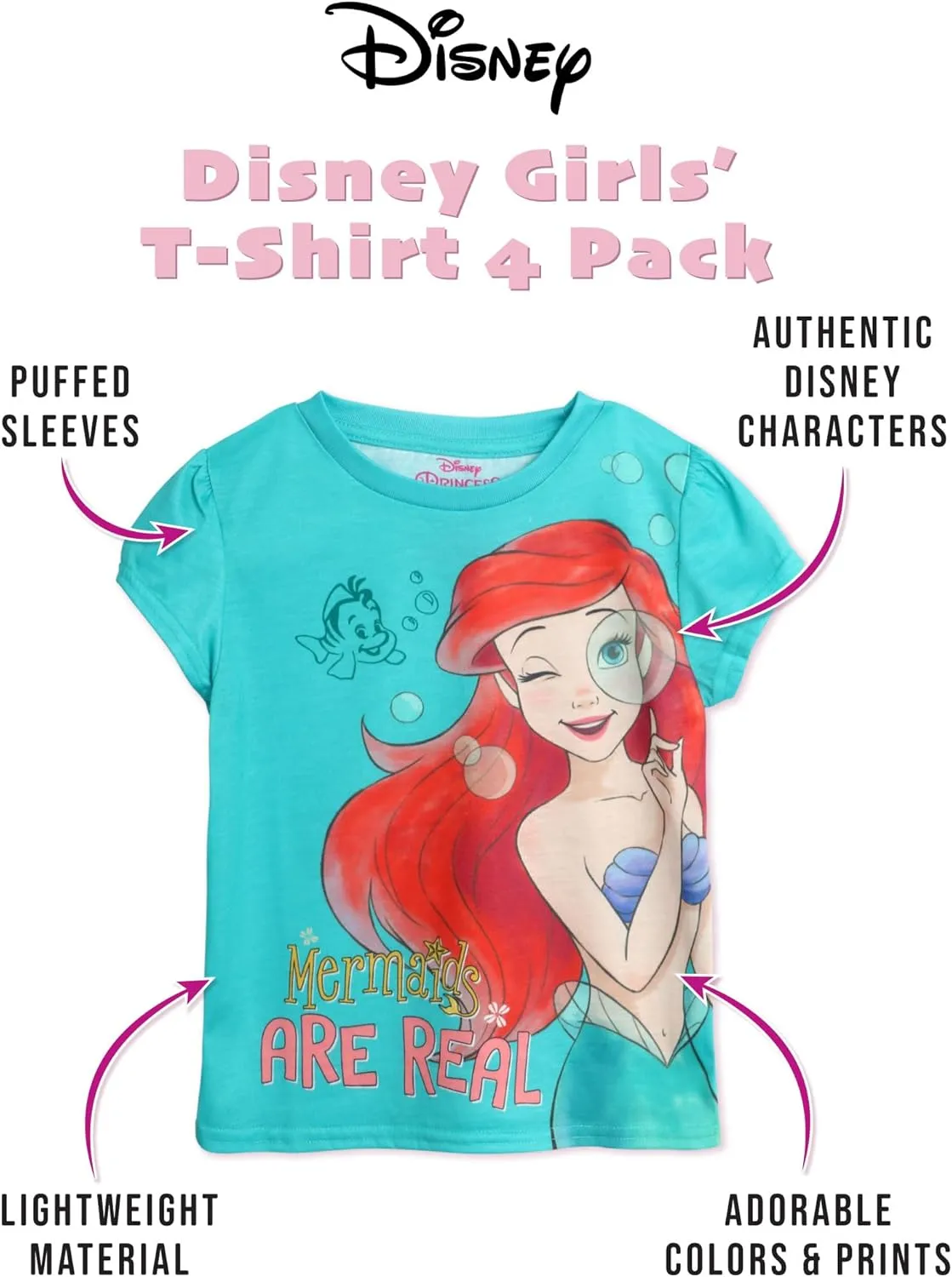 Disney Princess Ariel Rapunzel Belle Cinderella Minnie Mouse Girls Shirts - 4 Pack Girls T Shirts for Toddler & Little Girls