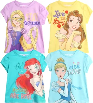 Disney Princess Ariel Rapunzel Belle Cinderella Minnie Mouse Girls Shirts - 4 Pack Girls T Shirts for Toddler & Little Girls
